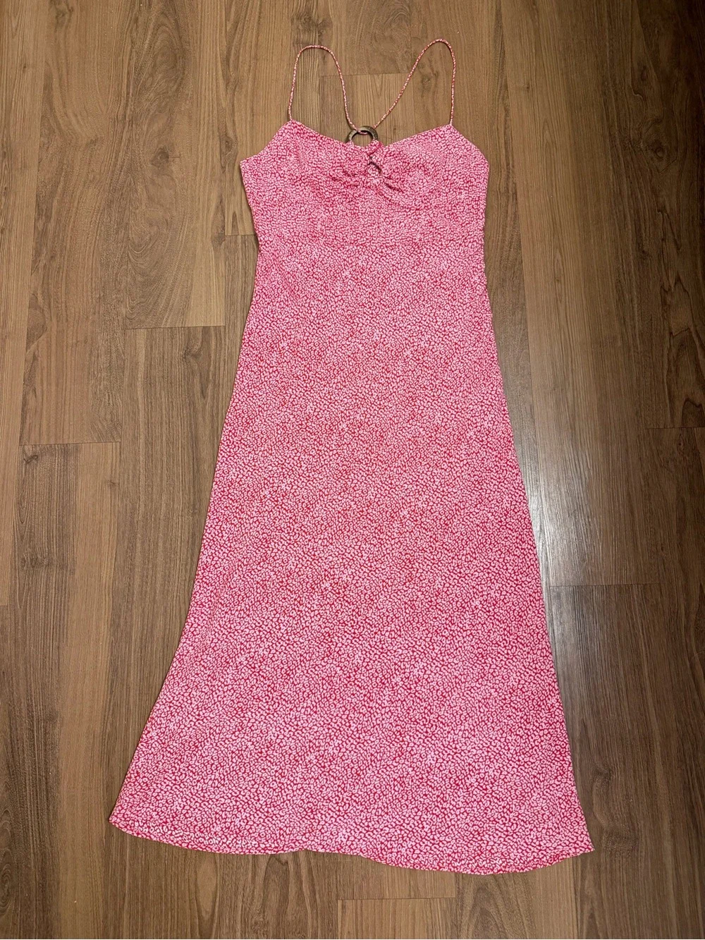 Zara Pink and Red Leopard Print Maxi Summer Dress with Wooden Ring Details - Picture 6 of 8